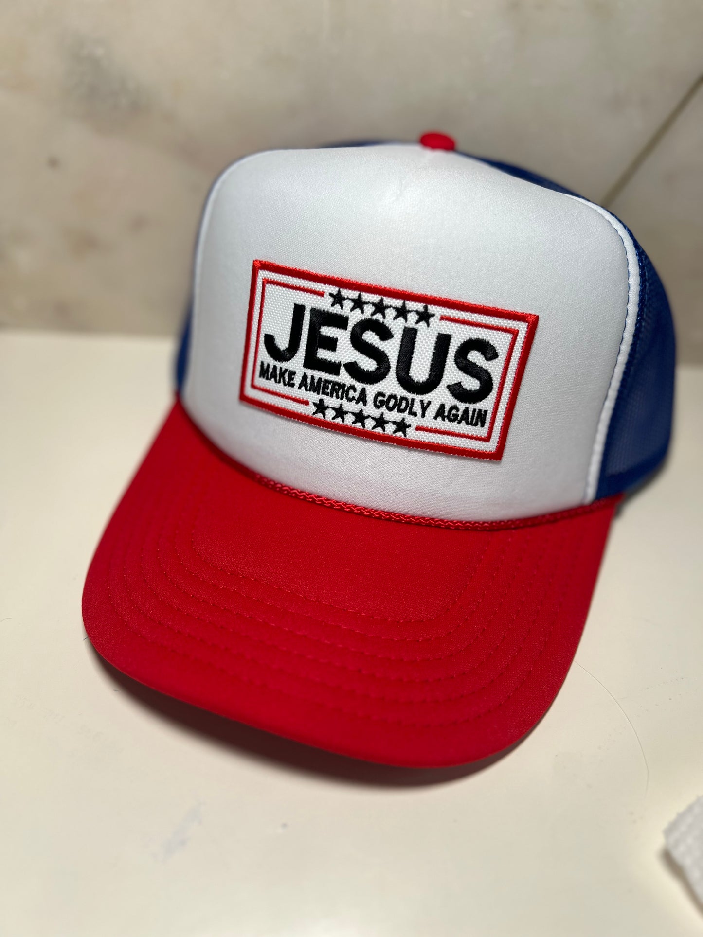 Jesus Make America Godly Again on R,W,B trucker