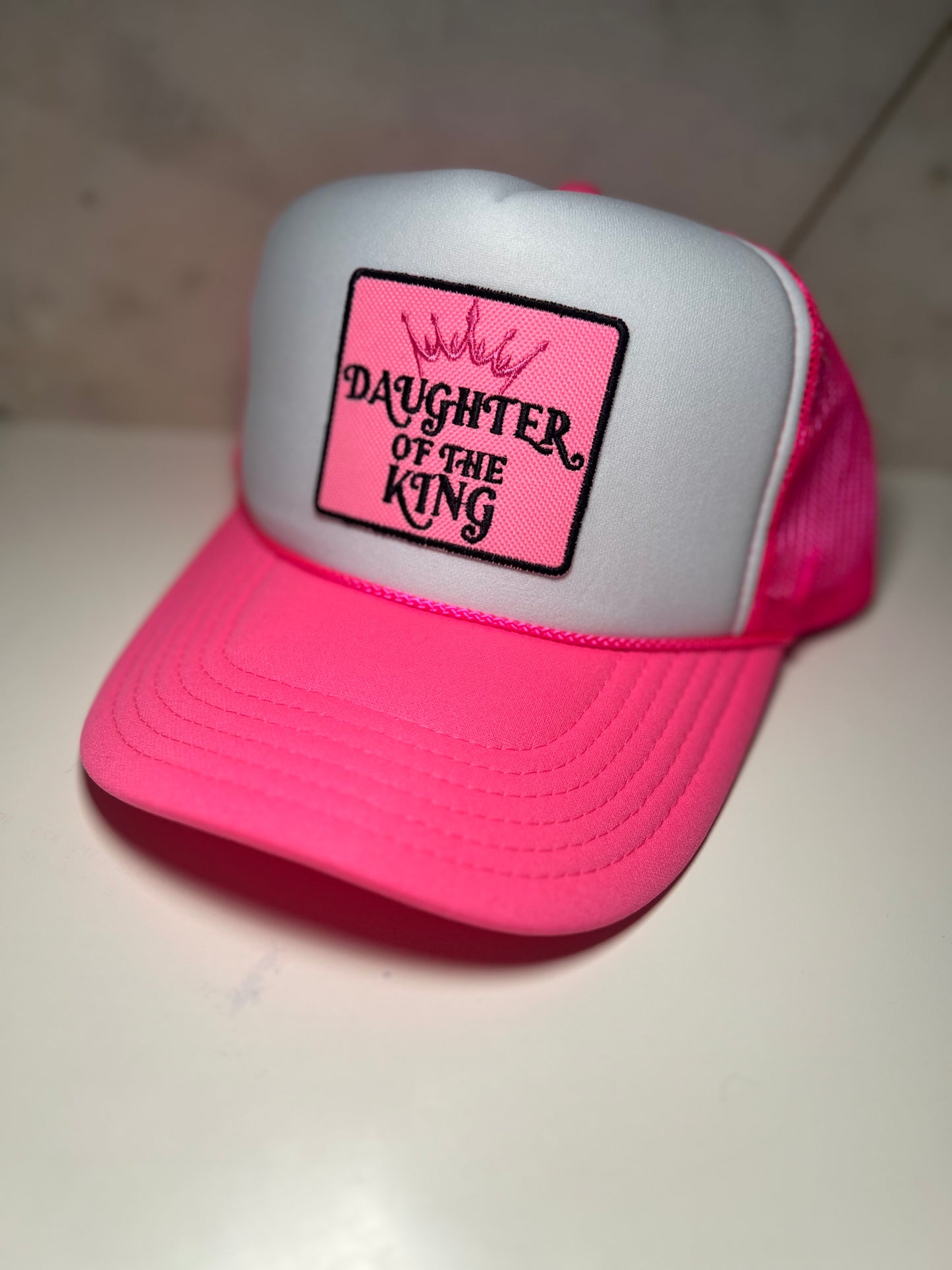 Pink Daughter of the King on Neon Pink and White Trucker
