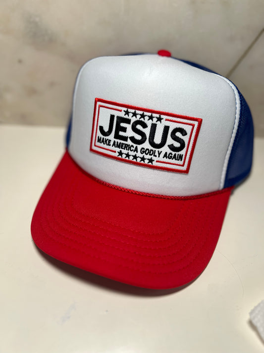 Jesus Make America Godly Again on R,W,B trucker