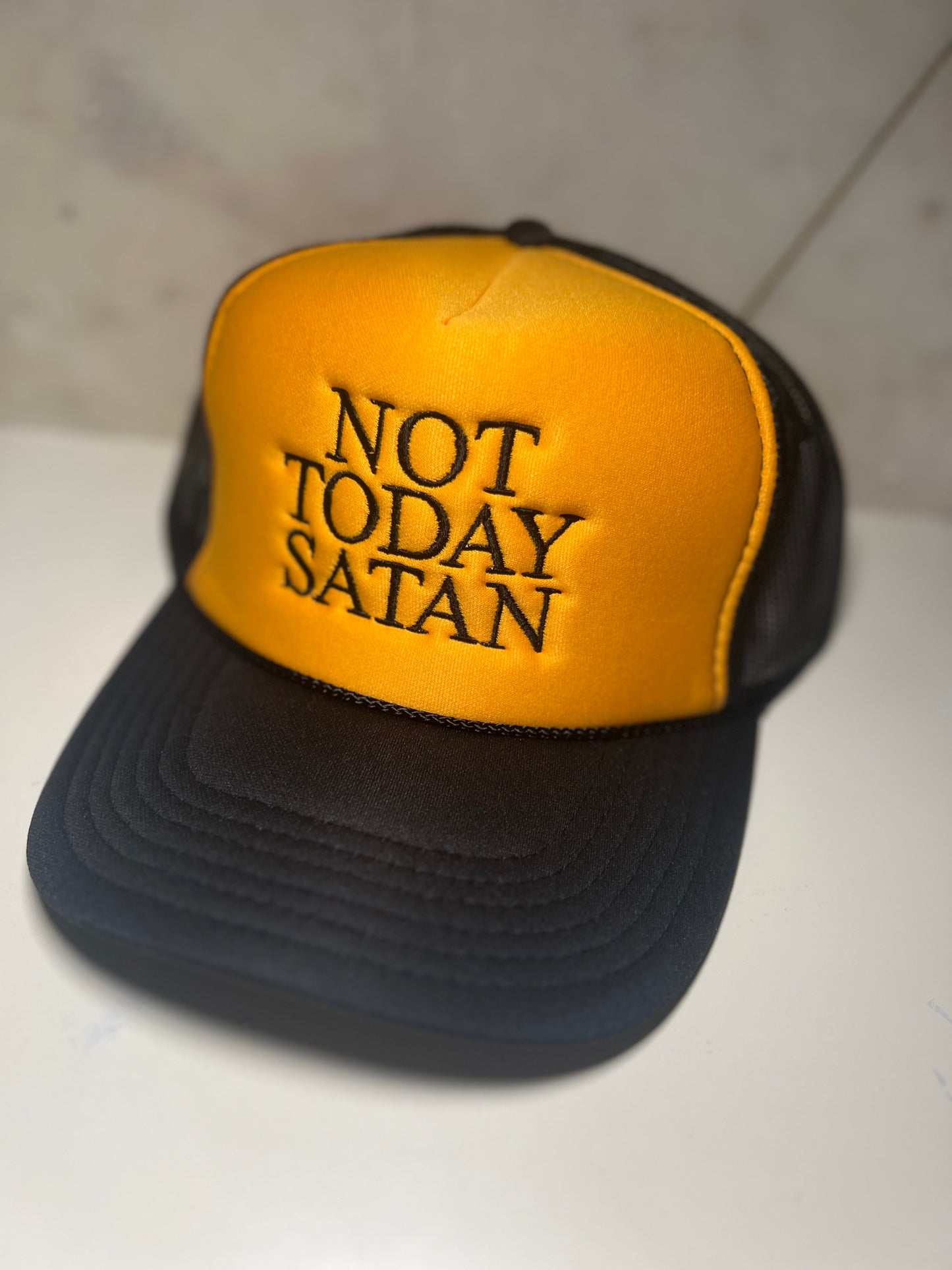 NOT TODAY SATAN on black & gold 2-tone trucker