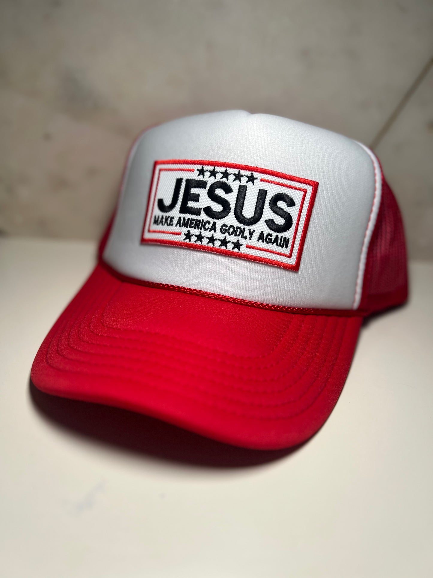 Jesus Make America Godly Again on Red & White Trucker