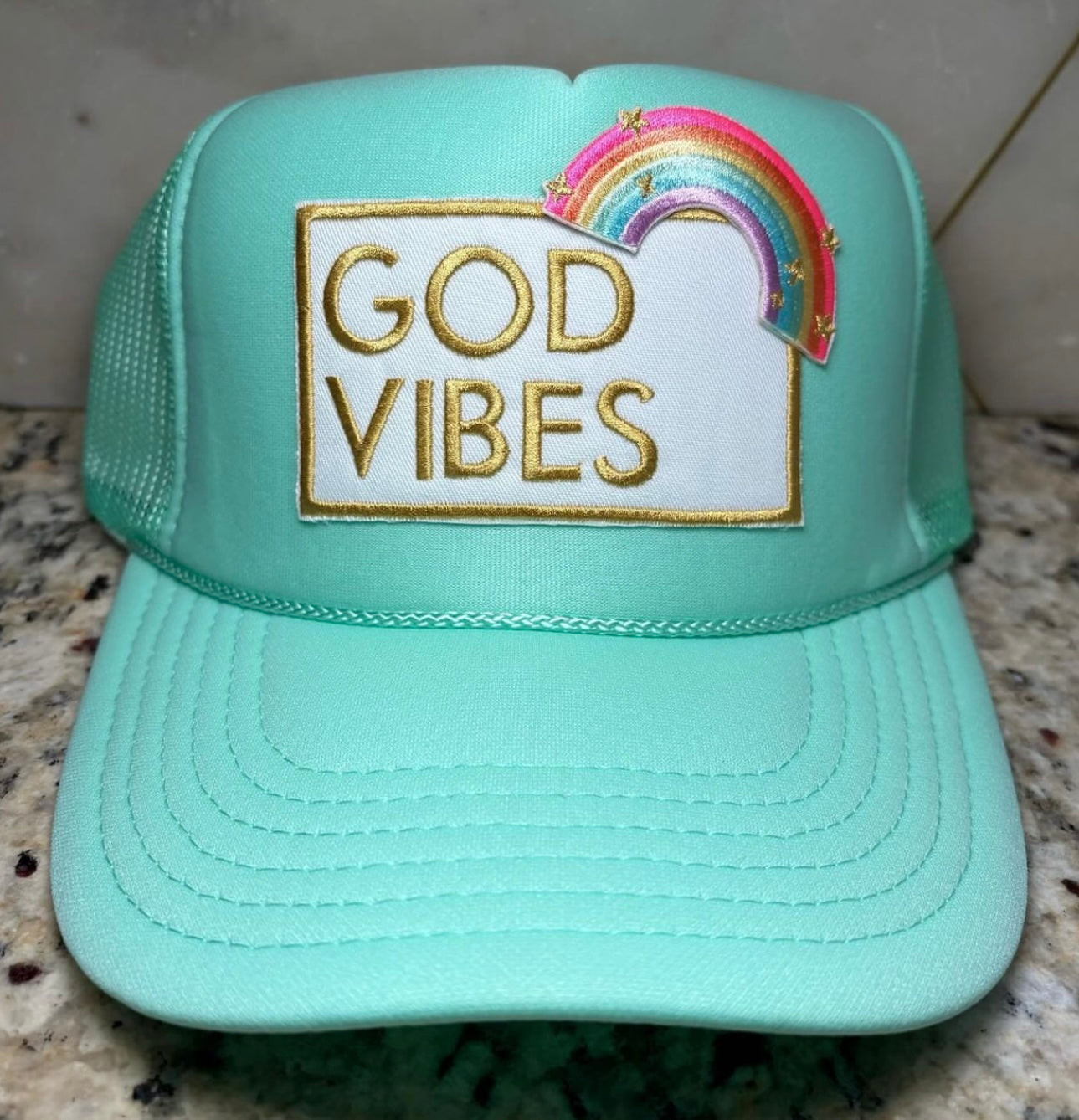 God Vibes with Rainbow on Mint Trucker