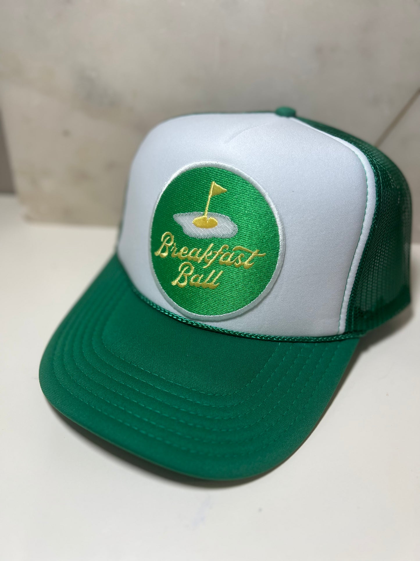 Breakfast Ball on Green & White Trucker