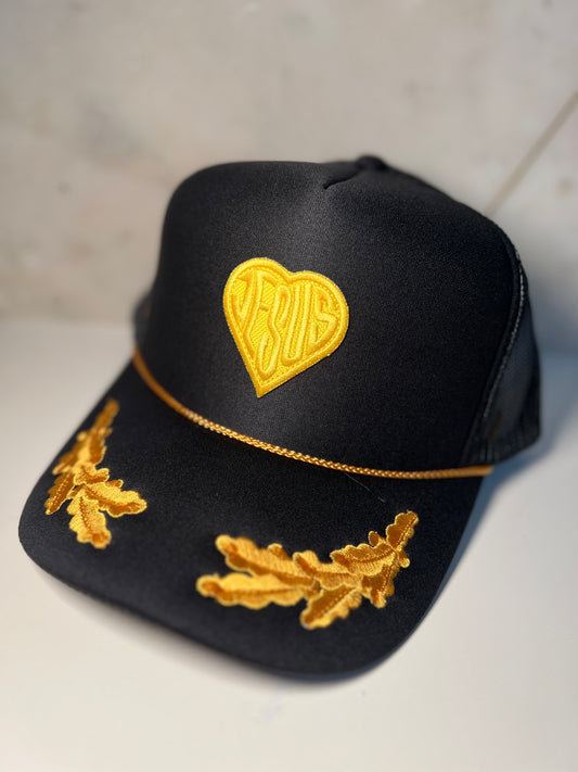 Saffron Jesus Heart on Black & Gold Leaf Trucker