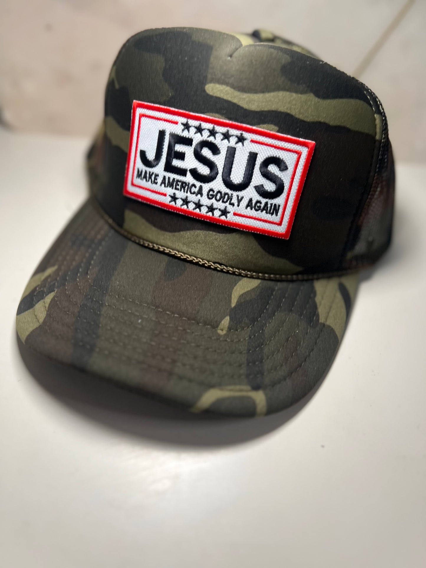 Jesus Make America Godly Again on camo trucker