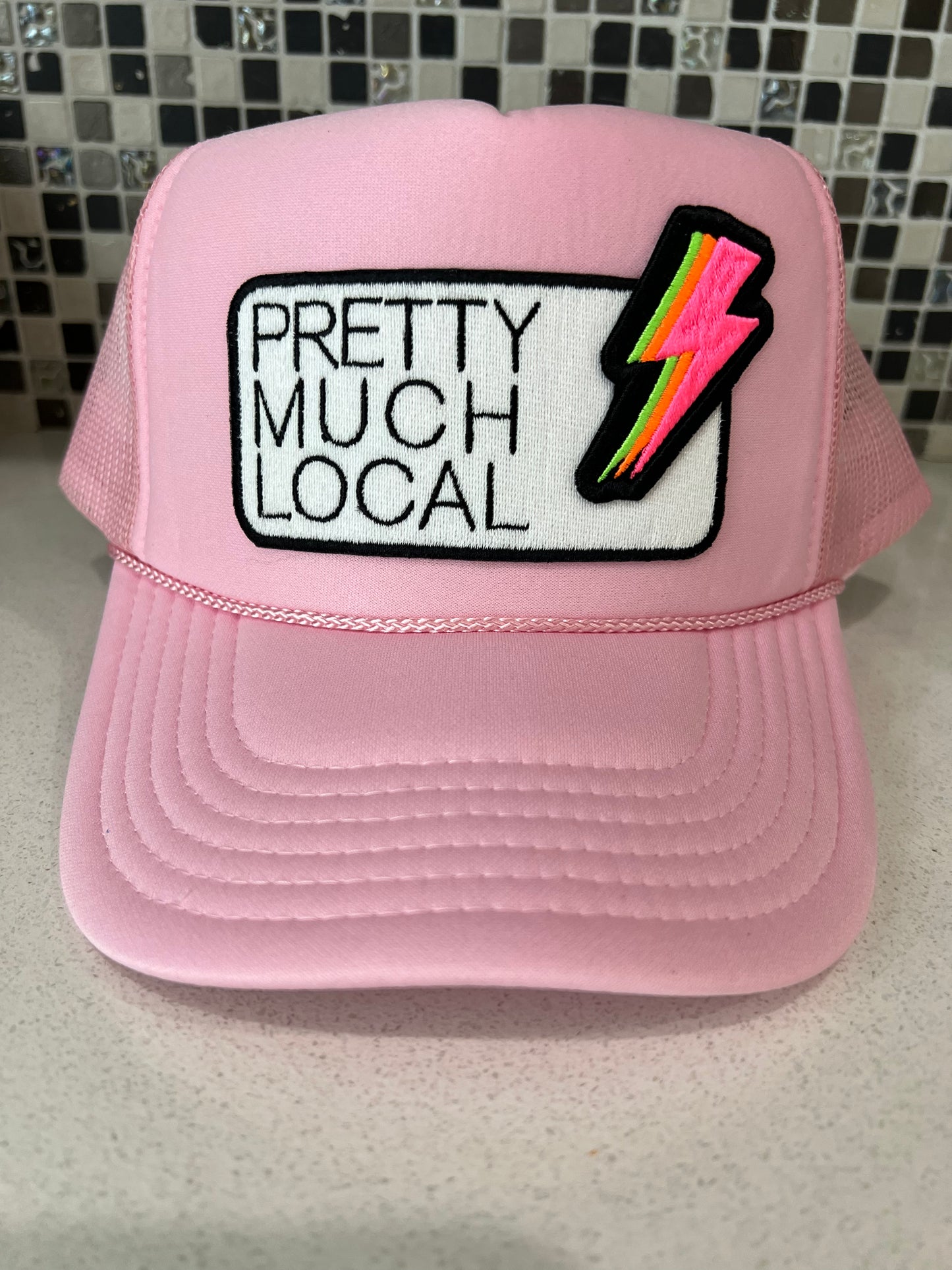 Pretty Much Local & Medium Neon Lightning Bolt Patch on Light Pink Trucker