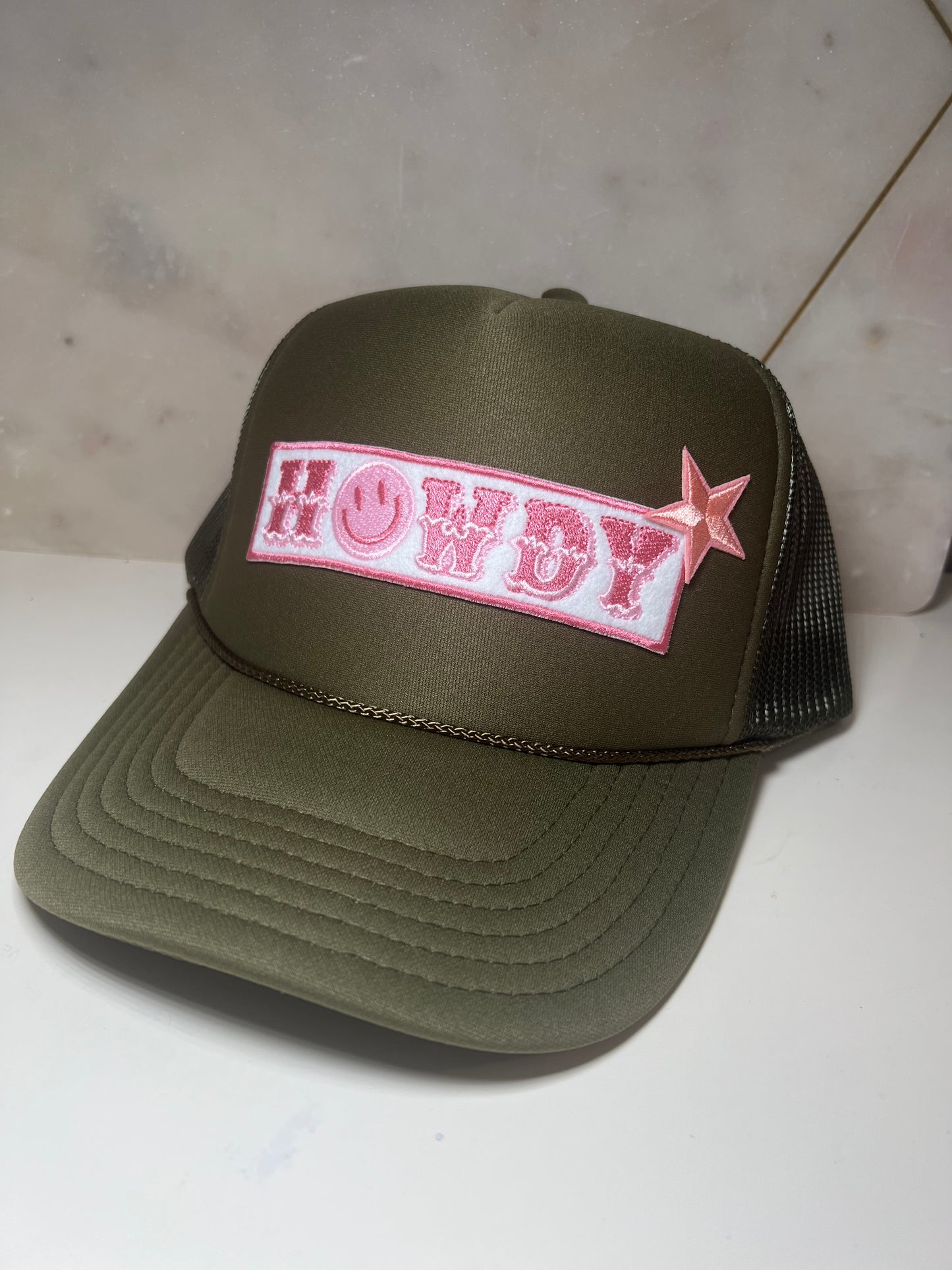 Howdy on Army Green Trucker with Pink Star add on