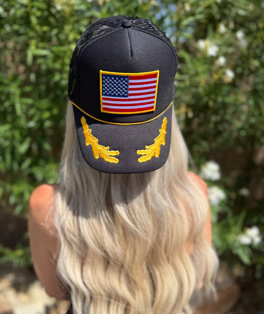 American Flag on Black & Gold Leafing Trucker